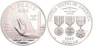 United States of America, Republic, 1 Dollar Silver 1994P, Vietnam Veterans Memorial, KM 250, PROOF