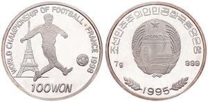 Korea-North, Peoples Republic, 100 Won Silver 1995, World Championship Soccer - Eiffel tower & Soccer player, KM 72, PROOF
