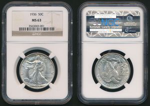 United States of America, Republic, 1/2 Dollar Silver 1936, Walking Liberty, KM 142, NGC Graded MS-63