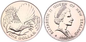New Zealand, British Dependency, Elizabeth II, 1 Dollar Copper-Nickel 1980, Fantail bird sitting on branch, KM 49, B.UNC
