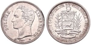 Venezuela, Republic, 2 Bolivares Silver 1960, Head of Bolivar left, KM A37, A.UNC