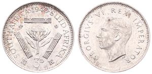 South Africa, British Colony, George VI, 3 Pence Silver 1940, Head left, KM 26, XF/AU