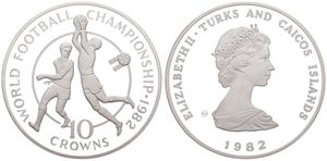 Turks & Caicos Islands, British Colony, Elizabeth II, 10 Crowns Silver 1982, World Championship Soccer - Two Soccer Players, KM 57, PROOF