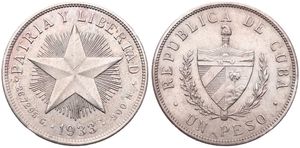 Cuba, First Republic, 1 Peso Silver 1933, National arms and Star on reverse, KM 15.2, XF