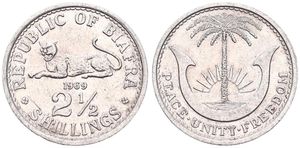 Biafra, Independent Republic, 2-1/2 Shillings Aluminum 1969, Radiant sun rising behind tree, KM 4, XF