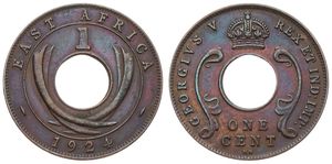 East Africa, British Colony, George V, 1 Cent Bronze 1924KN, Crown above center hole, KM 22, A.UNC