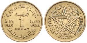 Morocco, French Protectorate, Mohammed V, 1 Franc Aluminum-Bronze AH1364-1945, Legend around Star of David, KM 41, A.UNC