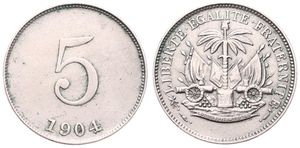 Haiti, Republic, 5 Centimes Copper-Nickel 1904, Large denomination above date, KM 52, XF