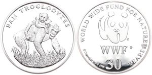 WWF, World Wide Fund for Nature, Medal in Silver 1986, 30th Anniversary of WWF - Pan Troglodytes (Chimpansee) / WWF Logo surrounded by legend, PROOF
