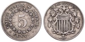 United States of America, Republic, 5 Cents Copper-Nickel 1867, Shield nickel with rays between stars, KM 96, VF/XF 