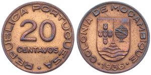 Mozambique, Portuguese Colony, 20 Centavos Bronze 1936, National arms, KM 64, XF