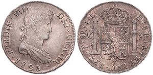 Bolivia, Spanish Colony, Ferdinand VII, 8 Reales Silver 1825PTS JL, Laureate bust right / Crowned arms between pillars, KM 84, XF