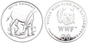 WWF, World Wide Fund for Nature, Medal in Silver 1986, 30th Anniversary of WWF - Oryx Dammah (Oryx) / WWF Logo surrounded by legend, PROOF