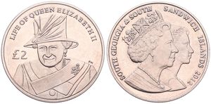 South Georgia & South Sandwich Islands, British Colony, Elizabeth II, 2 Pounds Copper-Nickel 2012, Queen Elizabeth II with hat, KM 53, B.UNC