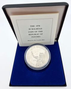 Panama, Republic, 20 Balboas Silver 1978, 75th Anniversary of Independence, Armored figure standing left, holding flag and sword, KM 54, PROOF