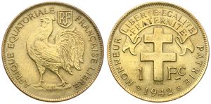 French Equatorial Africa, Colony, 1 Franc Brass 1942 SA, Rooster left with shield above, KM 2, XF