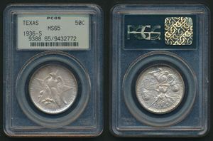 United States of America, Republic, 1/2 Dollar Silver 1936S, Texas Independence Centennial, KM 167, PCGS Graded MS-65