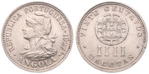 Angola, Portuguese Colony, 20 Centavos (4 Macutas) Copper-Nickel 1927, Laureate head left, KM 68, XF