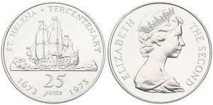 Saint Helena, British Colony, Elizabeth II, 25 Pence (Crown) Silver ND (1973), St. Helena Tercentenary - Sailing Ship, KM 5a, PROOF
