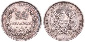 Uruguay, Republic, 20 Centesimos Silver 1877A, Four-fold arms under radiant sun, KM 15, VF
