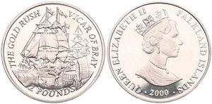 Falkland Islands, British Colony, Elizabeth II, 2 Pounds Copper-Nickel 2000, The Gold Rush - Vicar of Bray Ship, KM 67, B.UNC 