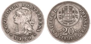 Saint Thomas & Prince, Portuguese Colony, 20 Centavos Nickel-Bronze 1929, Liberty head left, KM 3, VF