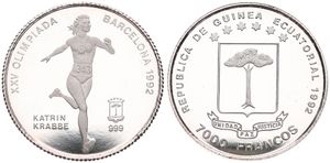 Equatorial Guinea, Republic, 7000 Francos Silver 1992, Olympics - Katrin Krabbe, German Sprinter, KM 80, PROOF