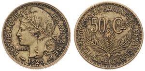Cameroon, French Mandate, 50 Centimes Aluminum-Bronze 1925, Laureate head left, KM 1, VF/XF