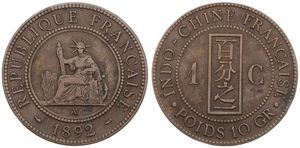 French Indo-China, Colony, 1 Cent Bronze 1892A, Liberty seated with fasces within circle, KM 1, VF