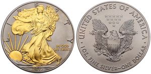 United States of America, Republic, 1 Dollar Silver & Ruthenium Plated 2017, American Eagle - 24Kt Gold Plated Liberty walking left, KM NL, UNC