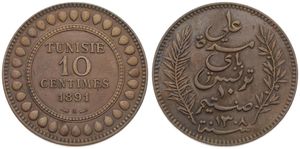 Tunisia, French Protectorate, Ali Bey, 10 Centimes Bronze AH1308-1891, Inscription within sprigs, KM 222, XF