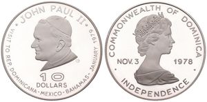 Dominica, Commonwealth, Elizabeth II, 10 Dollars Silver ND (1979), Visit of Pope John Paul II, KM 16, PROOF