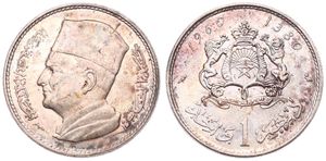 Morocco, Kingdom, Mohammed V, 1 Dirham Silver AH1380-1960, Head left, KM 55, A.UNC