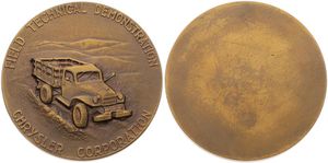 United States of America, Republic, Medal in Bronze ND by Lamon, Uniface Medal from the Chrysler Corporation, Truck at the Field Technical Demonstration, A.UNC