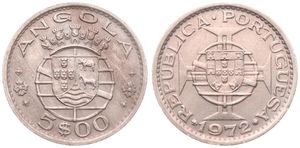 Angola, Portuguese Colony, 5 Escudos Copper-Nickel 1972, National arms, KM 81, XF