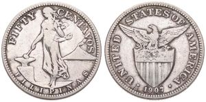 Philippines, United States Administration, 50 Centavos Silver 1907S, Eagle above stars and striped shield, KM 171, A.VF