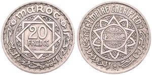 Morocco, French Protectorate, Mohammed V, 20 Francs Copper-Nickel AH1366 (1947), Star of David within circle, KM 45, A.UNC