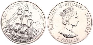 Pitcairn Islands, British Colony, Elizabeth II, 1 Dollar Copper-Nickel ND (1989), Sailing Ship the HMAV Bounty, KM 4, B.UNC