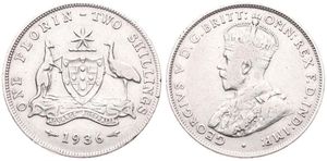 Australia, British Colony, George V, 1 Florin Silver 1936, Crowned bust left, KM 27, VF