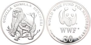 WWF, World Wide Fund for Nature, Medal in Silver 1986, 30th Anniversary of WWF - Gorilla Gorilla Beringei (Eastern Gorilla) / WWF Logo surrounded by legend, PROOF
