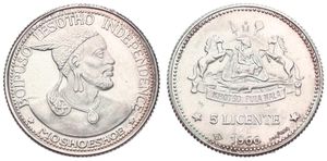 Lesotho, Kingdom, Moshoeshoe II, 5 Licente Silver 1966, Independence attained - native bust right, KM 1, PROOF 