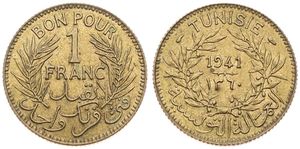 Tunisia, French Protectorate, Anonymous, 1 Franc Aluminum-Bronze AH1360-1941, Date within wreath, KM 247, A.UNC