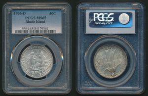United States of America, Republic, 1/2 Dollar Silver 1936D, Rhode Island Tercentenary, KM 185, PCGS Graded MS-65