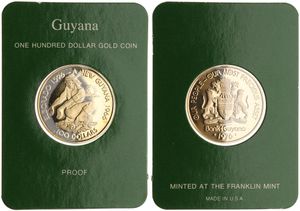 Guyana, Republic, 100 Dollars Gold 1976, 10th Anniversary of Independence - Arawak Indian, KM 46, PROOF, Comes in original box with certificate of authenticity (*)