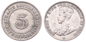 Straits Settlements, British Colony, George V, 5 Cents Silver 1919, Crowned bust left, KM 31, VF+