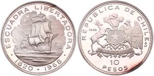 Chile, Republic, 10 Pesos Silver 1968, Arrival of Liberation Fleet in 1820 under command of Lord Cochraine, KM 183, SCARCE, PROOF