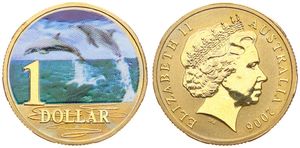 Australia, British Colony, Elizabeth II, 1 Dollar Aluminum-Bronze 2006, Multicolor jumping Bottlenose Dolphins, KM 806, B.UNC