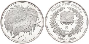 Papua New Guinea, Constitutional Monarchy, 5 Kina Silver ND (1994), Centennial of First Coinage, KM 37, PROOF