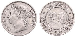 Mauritius, British Colony, Victoria, 20 Cents Silver 1877H, Crowned bust left, KM 11.1, VF