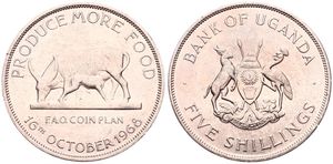 Uganda, Republic, 5 Shillings Copper-Nickel ND (1968), F.A.O. - Produce More Food, KM 7, UNC